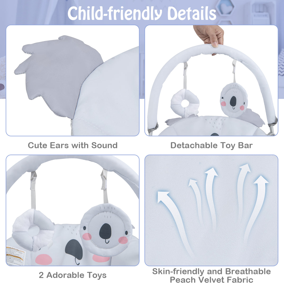 Portable Baby Bouncer Infant Rocker Seat with Detachable Toy Bar - Gray
