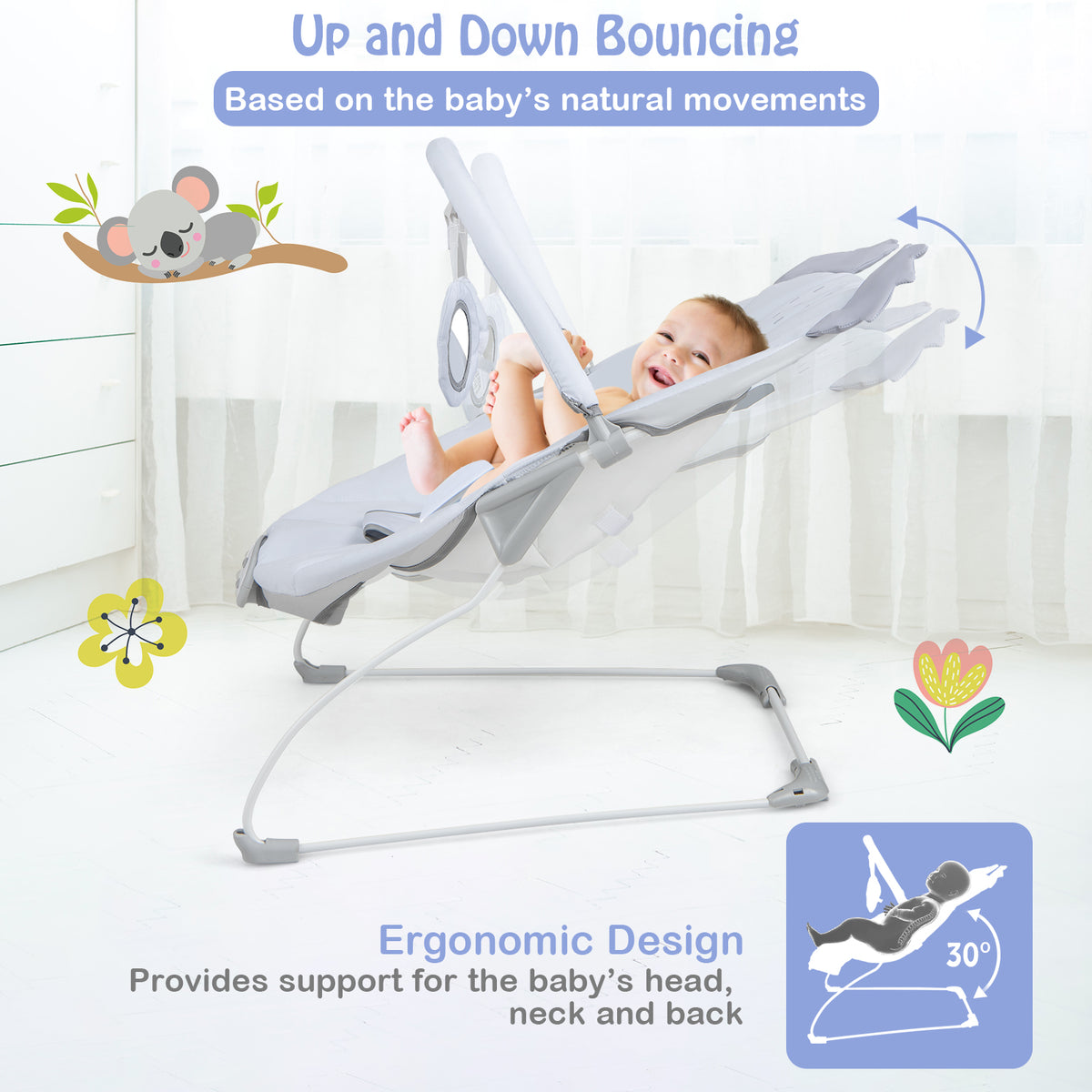 Portable Baby Bouncer Infant Rocker Seat with Detachable Toy Bar - Gray
