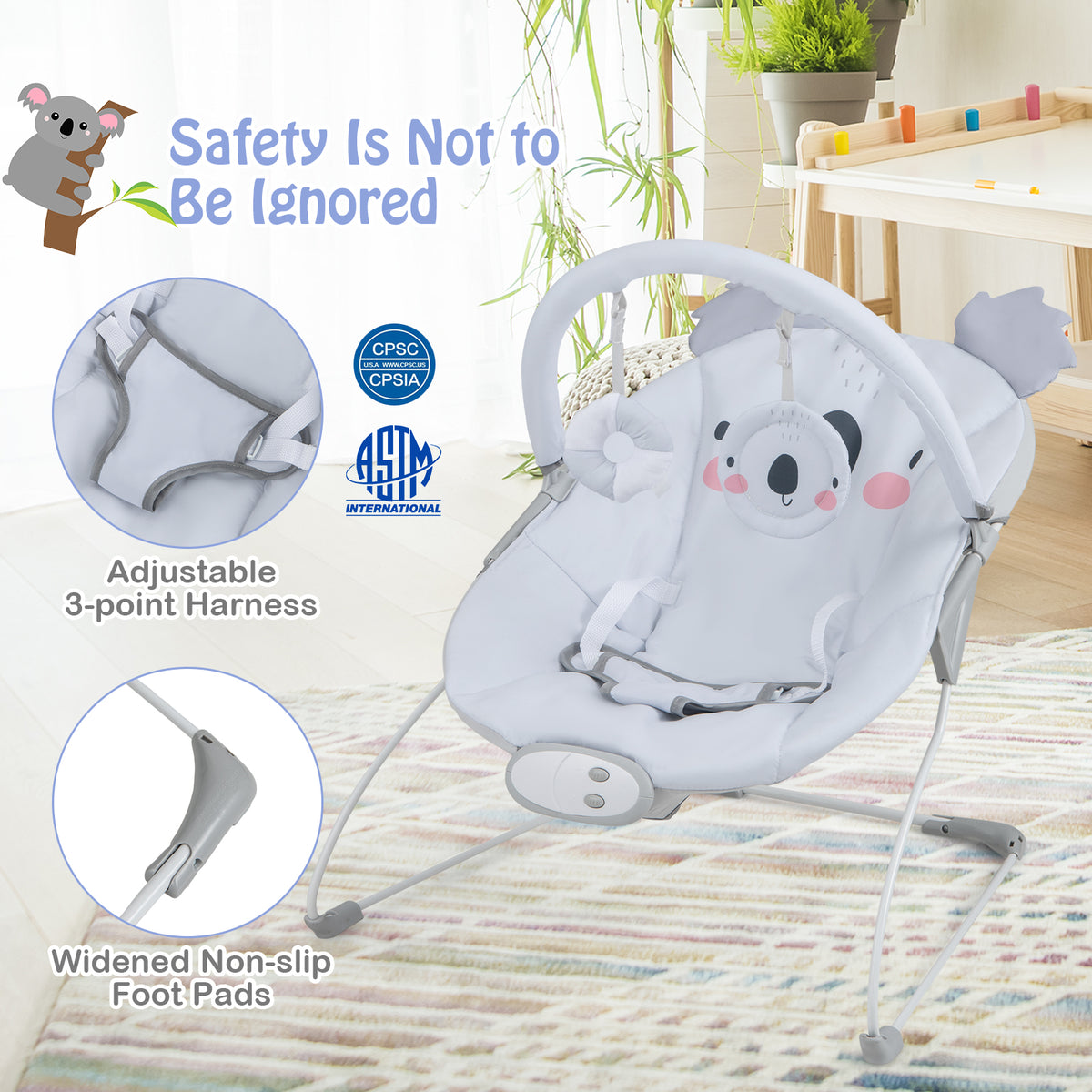 Portable Baby Bouncer Infant Rocker Seat with Detachable Toy Bar - Gray