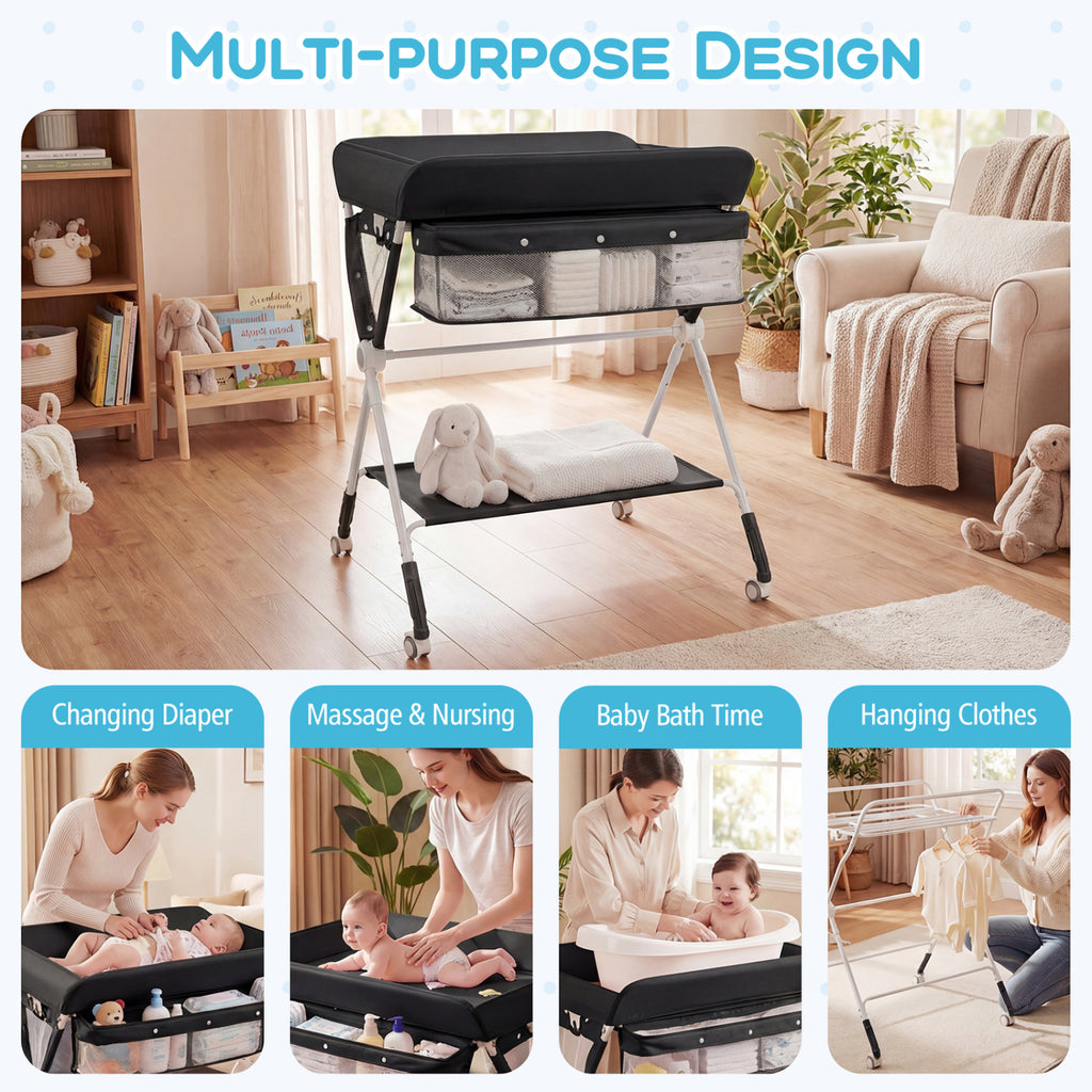 Portable Baby Changing Table with 3-Level Adjustable Height - Black