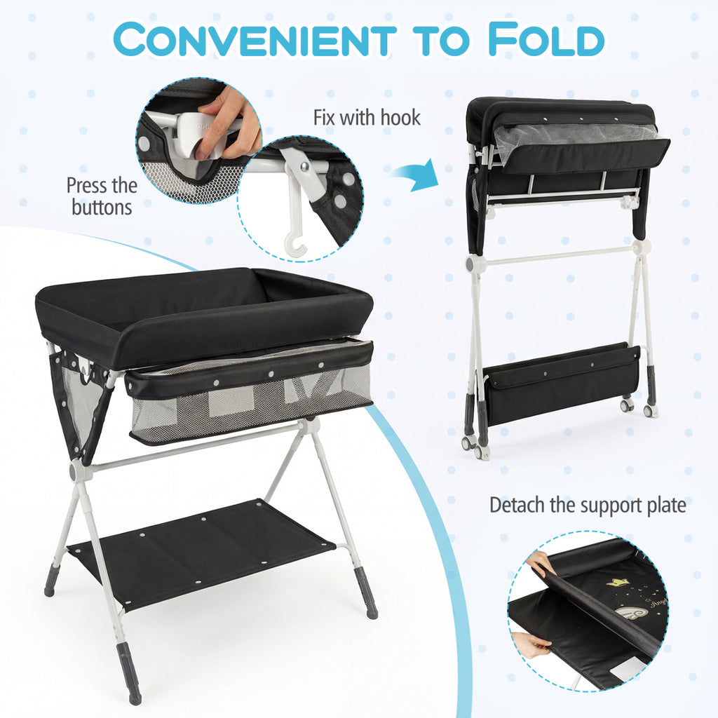 Portable Baby Changing Table with 3-Level Adjustable Height - Black