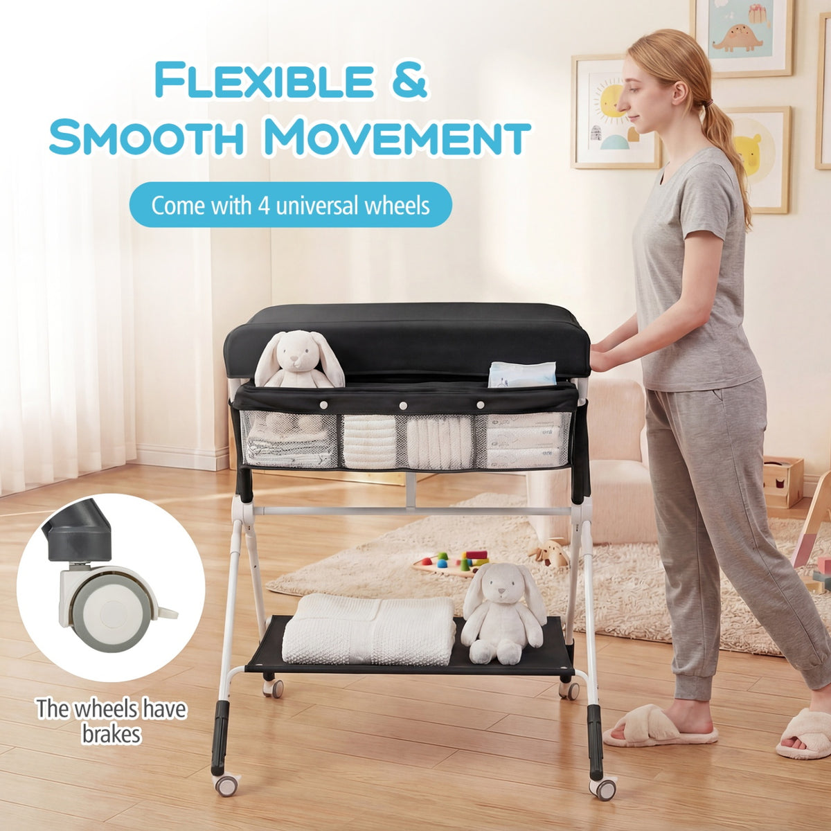 Portable Baby Changing Table with 3-Level Adjustable Height - Black
