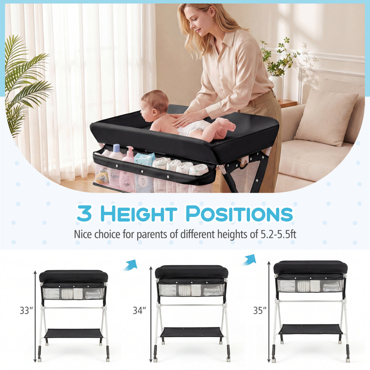 Portable Baby Changing Table with 3-Level Adjustable Height - Black