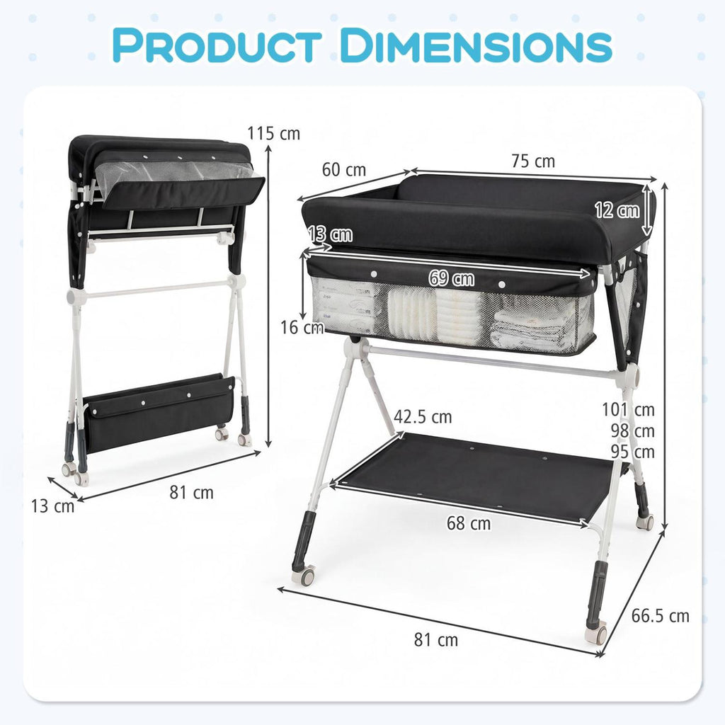 Portable Baby Changing Table with 3-Level Adjustable Height - Black