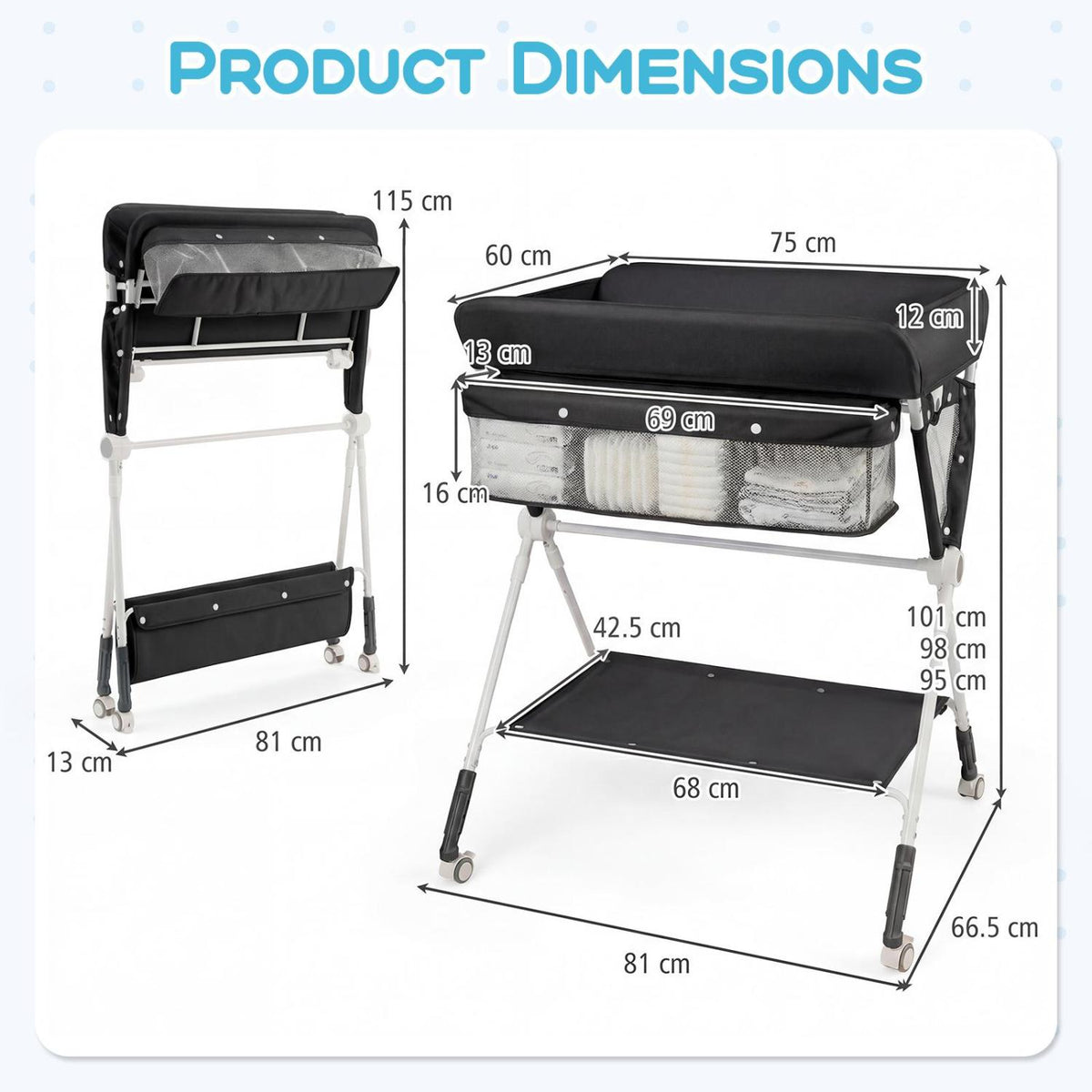 Portable Baby Changing Table with 3-Level Adjustable Height - Black