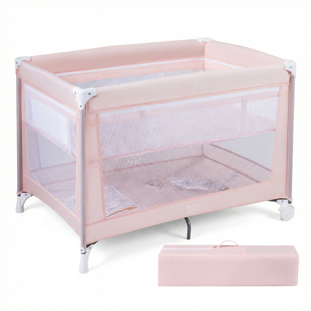 Pink Portable Baby Playard Folding Travel Crib with Soft Mattress - Style 1