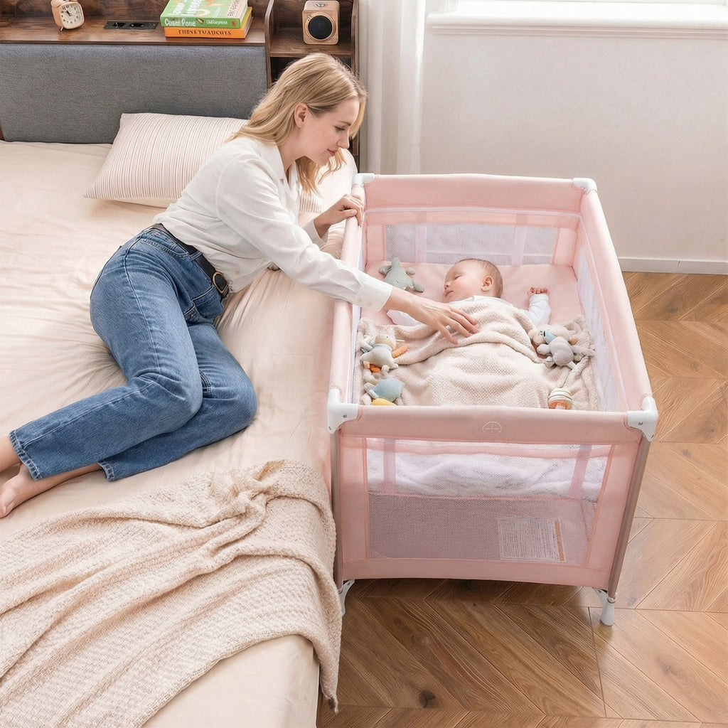 Pink Portable Baby Playard Folding Travel Crib with Soft Mattress - Style 1
