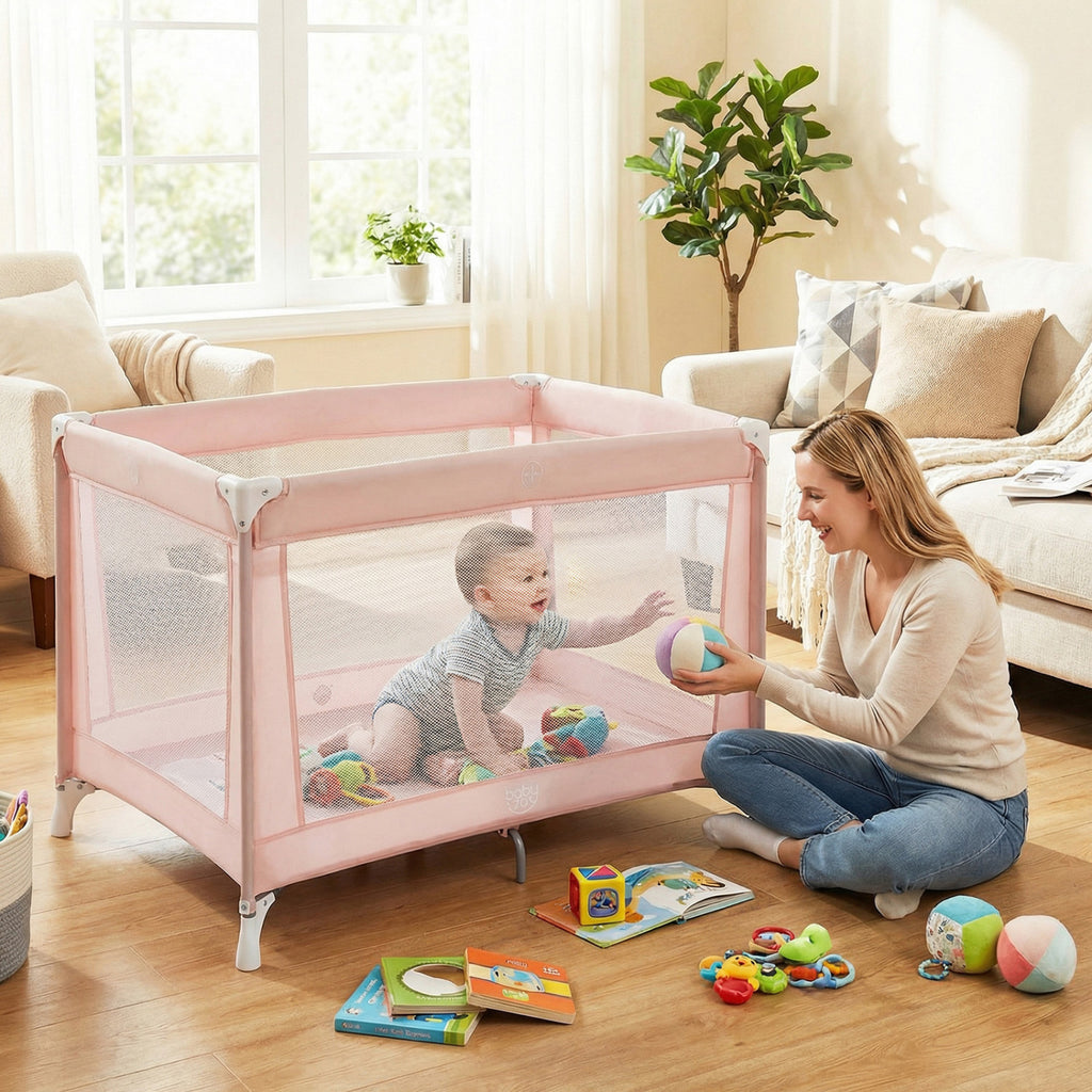 Pink Portable Baby Playard Folding Travel Crib with Soft Mattress - Style 1