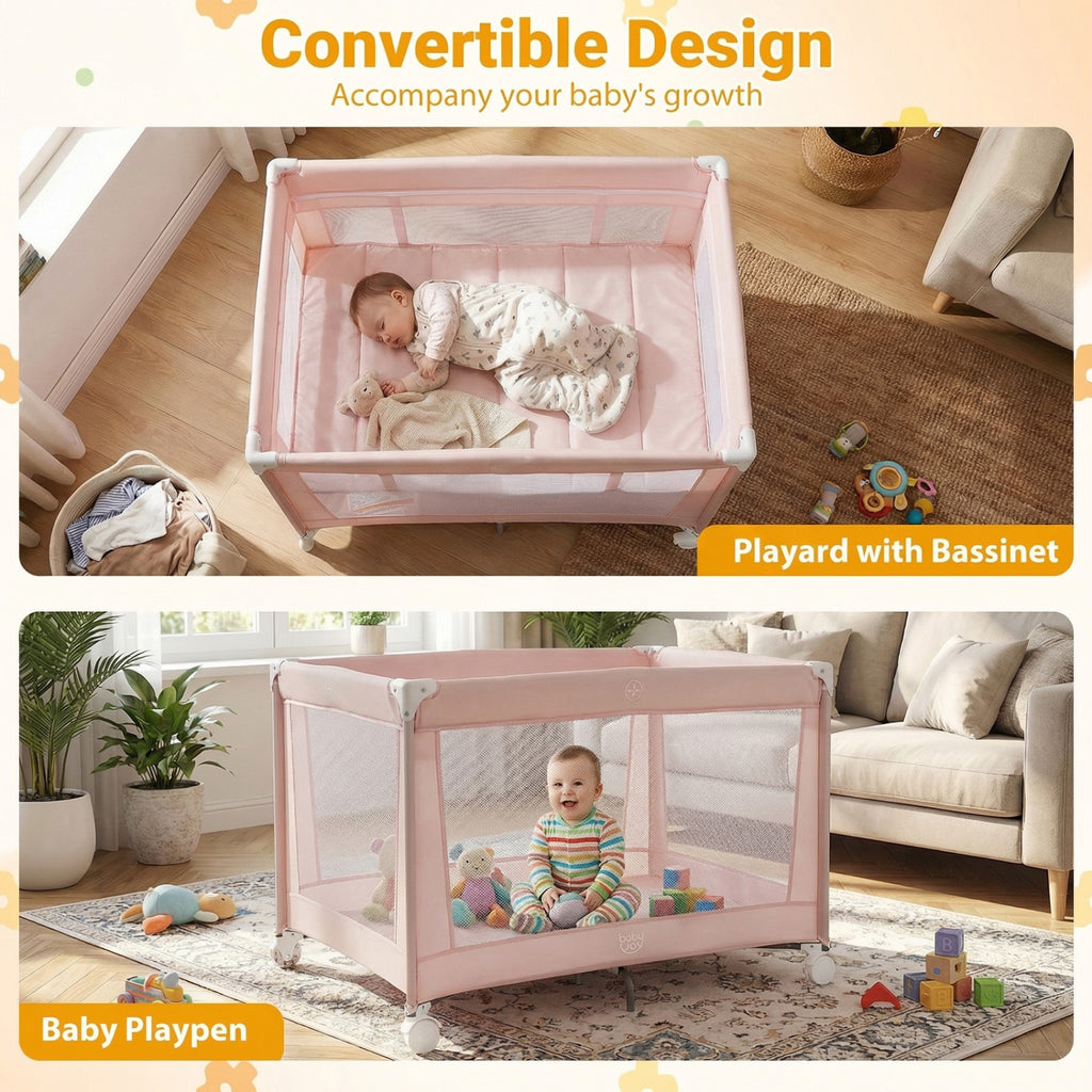 Pink Portable Baby Playard Folding Travel Crib with Soft Mattress - Style 1