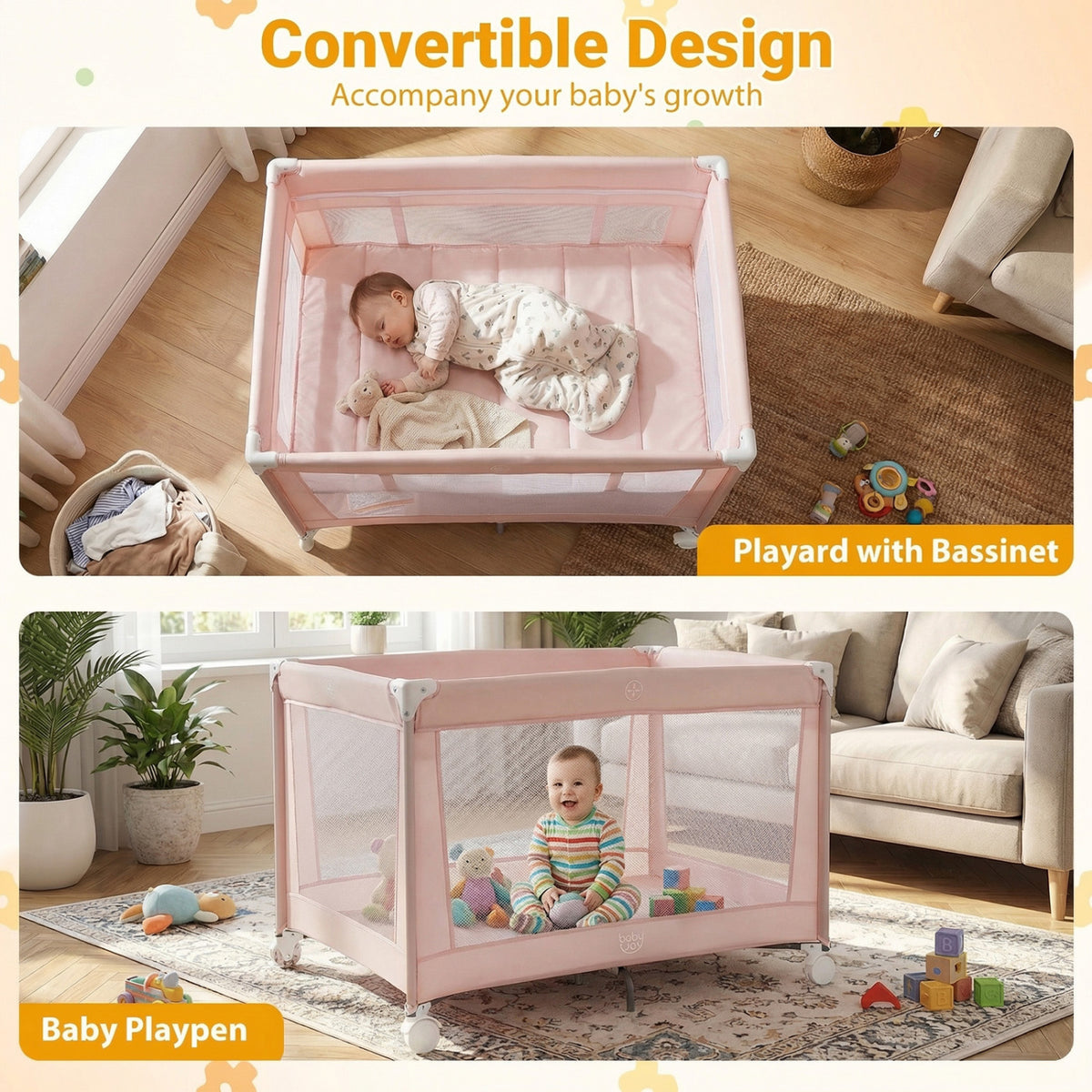 Pink Portable Baby Playard Folding Travel Crib with Soft Mattress - Style 1