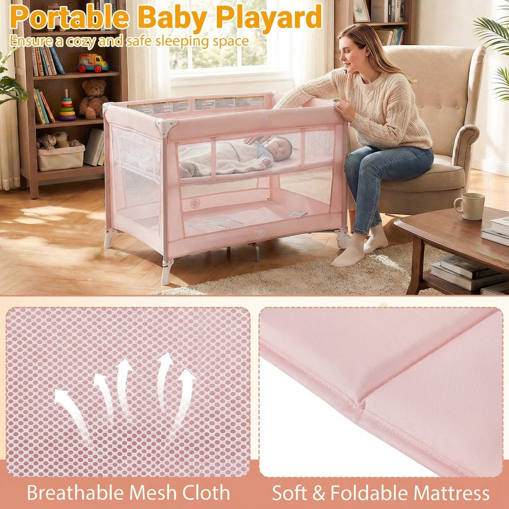 Pink Portable Baby Playard Folding Travel Crib with Soft Mattress - Style 1
