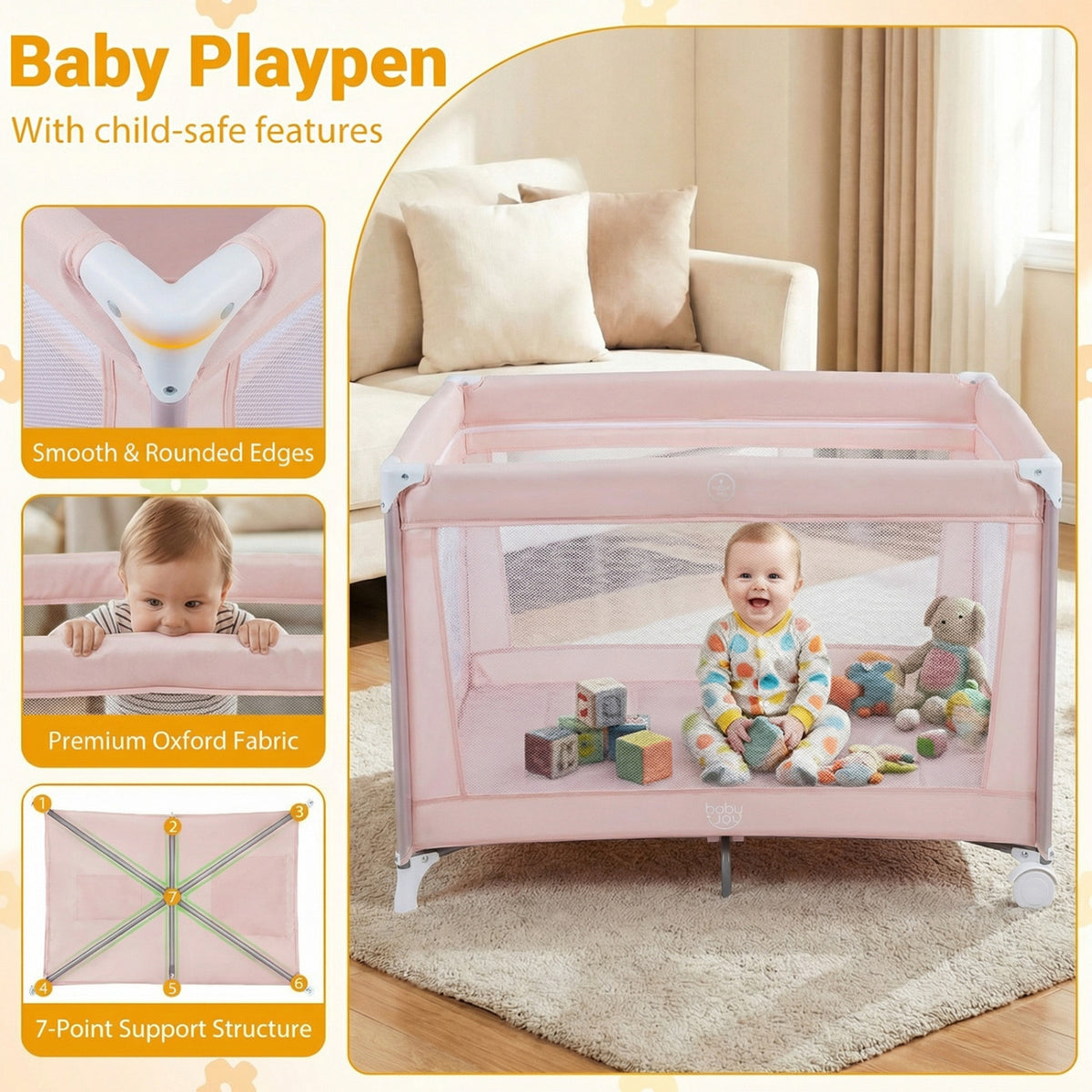 Pink Portable Baby Playard Folding Travel Crib with Soft Mattress - Style 1