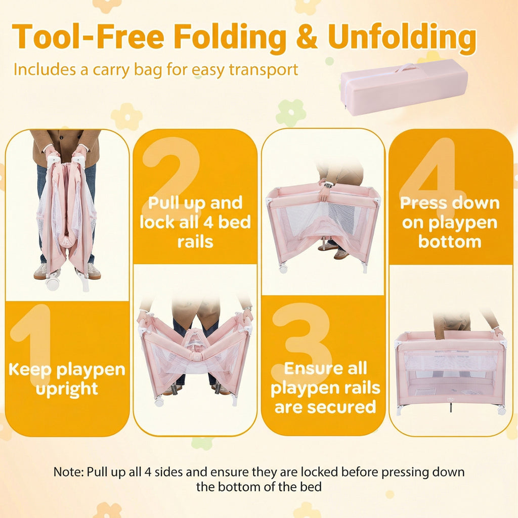 Pink Portable Baby Playard Folding Travel Crib with Soft Mattress - Style 1