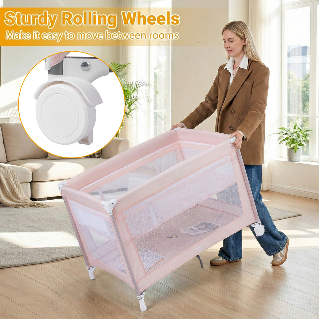 Pink Portable Baby Playard Folding Travel Crib with Soft Mattress - Style 1