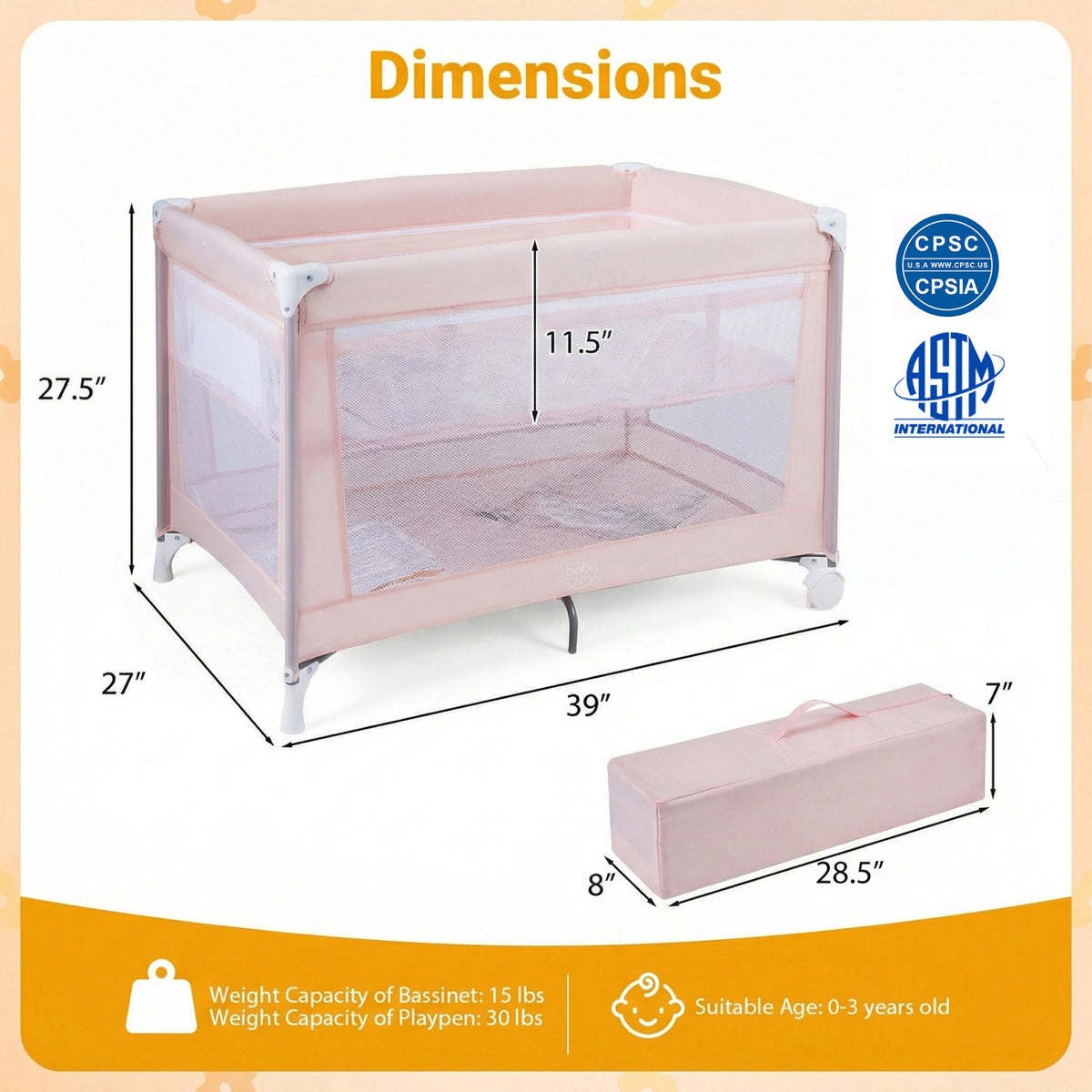 Pink Portable Baby Playard Folding Travel Crib with Soft Mattress - Style 1