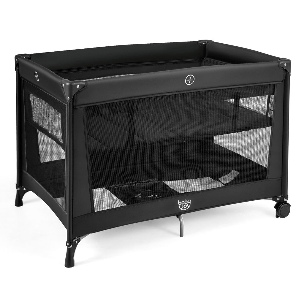 Portable Baby Playard Folding Travel Crib with Soft Mattress - Style 1 Black