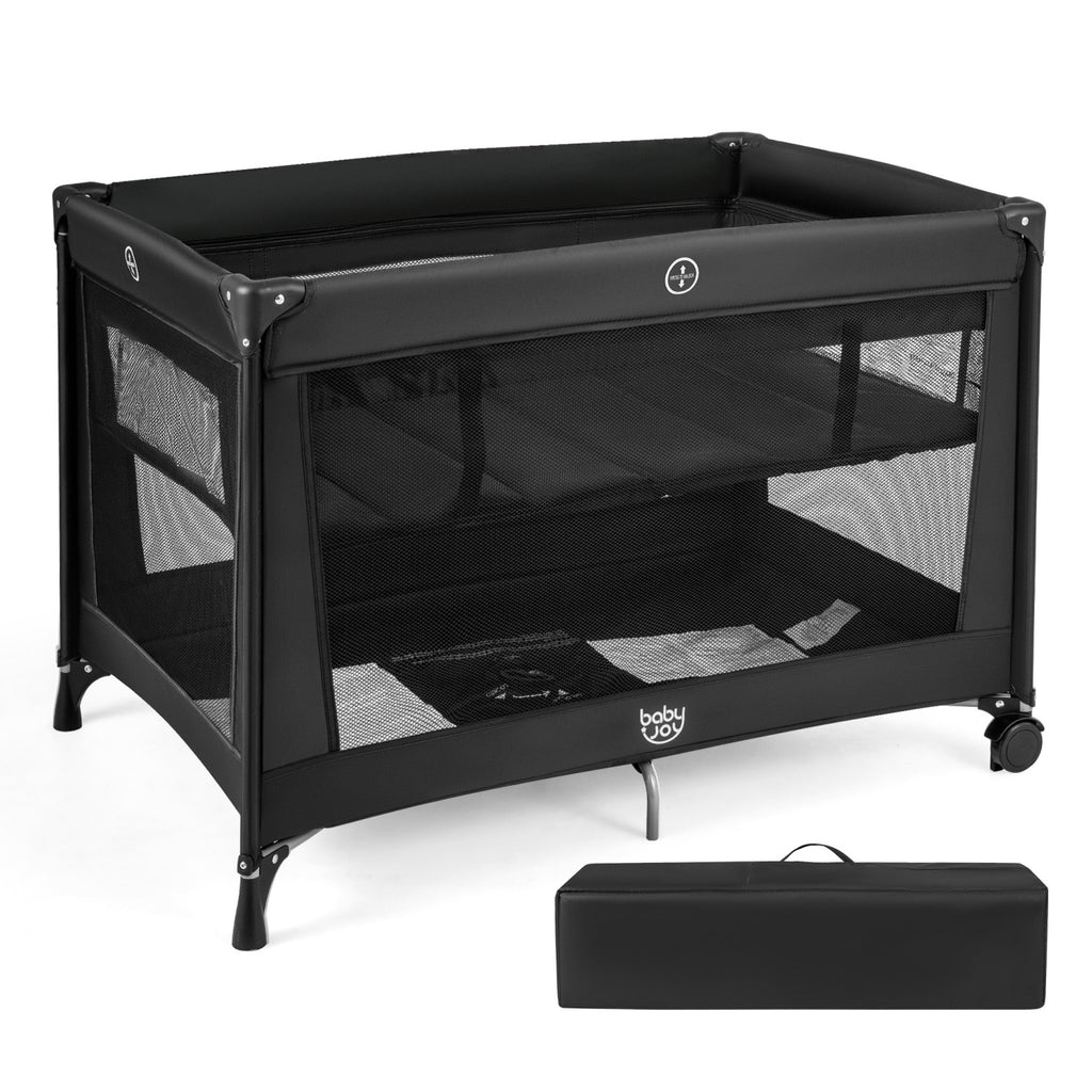 Portable Baby Playard Folding Travel Crib with Soft Mattress - Style 1 Black
