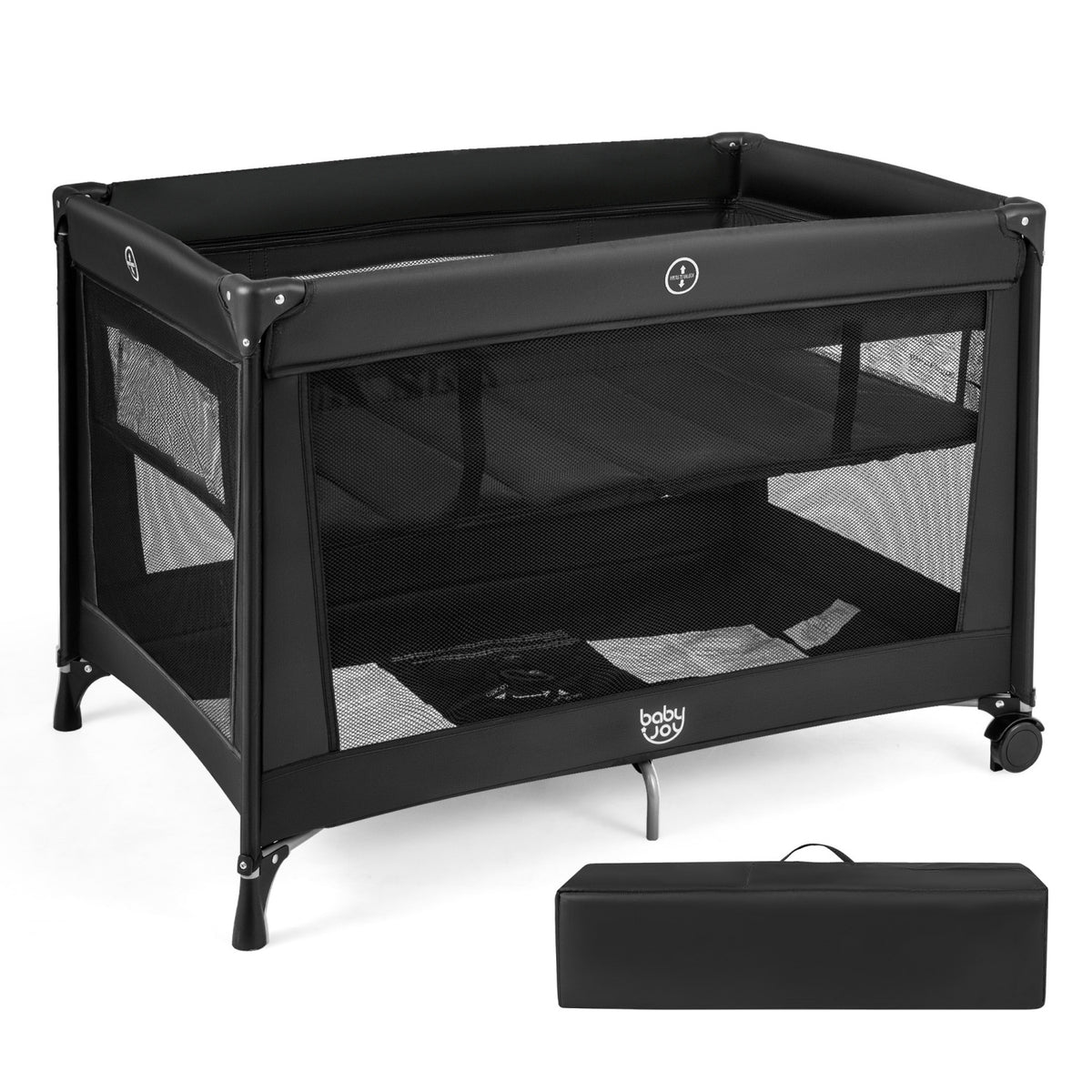 Portable Baby Playard Folding Travel Crib with Soft Mattress - Style 1 Black