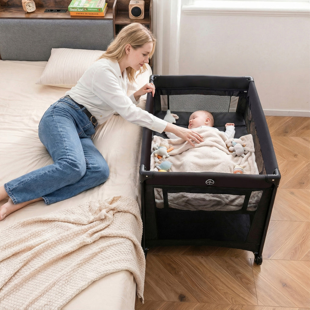 Portable Baby Playard Folding Travel Crib with Soft Mattress - Style 1 Black
