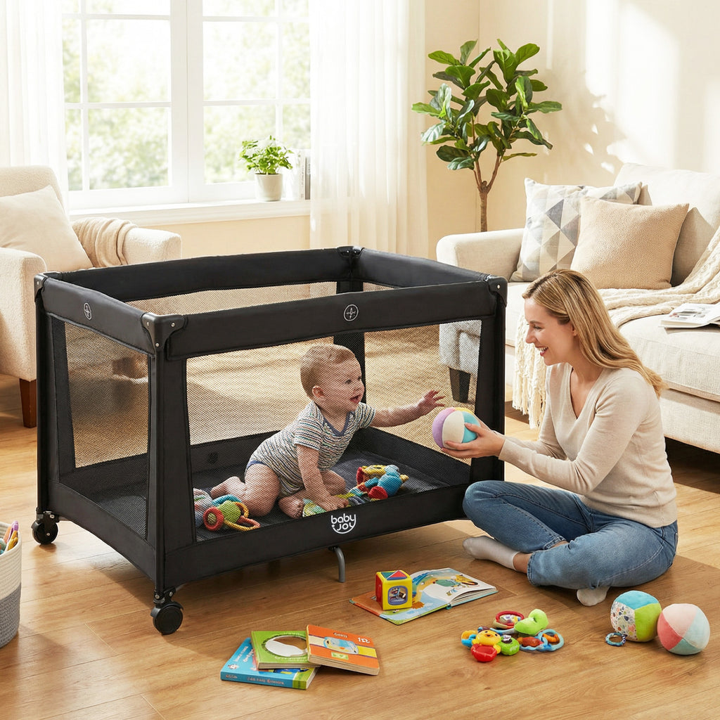Portable Baby Playard Folding Travel Crib with Soft Mattress - Style 1 Black