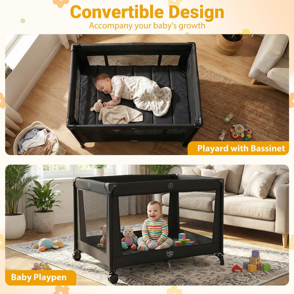 Portable Baby Playard Folding Travel Crib with Soft Mattress - Style 1 Black
