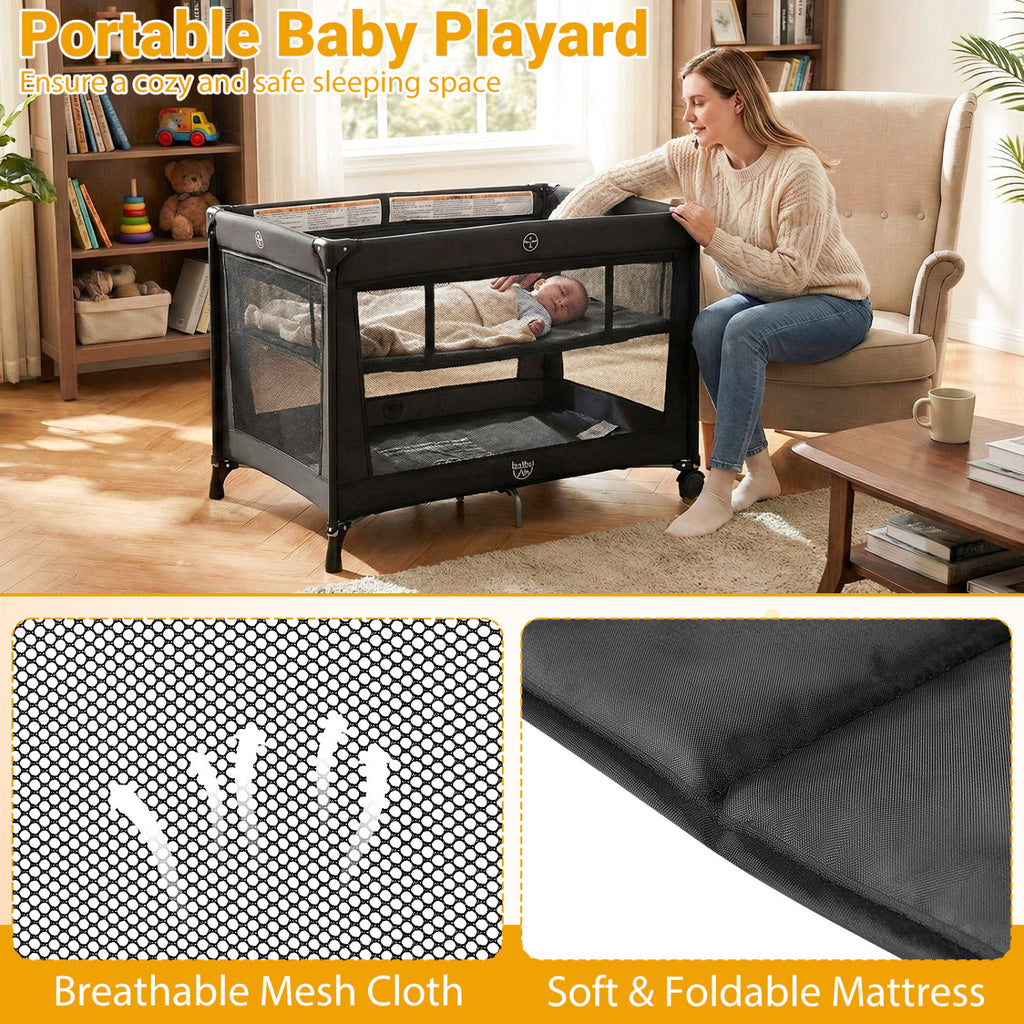 Portable Baby Playard Folding Travel Crib with Soft Mattress - Style 1 Black