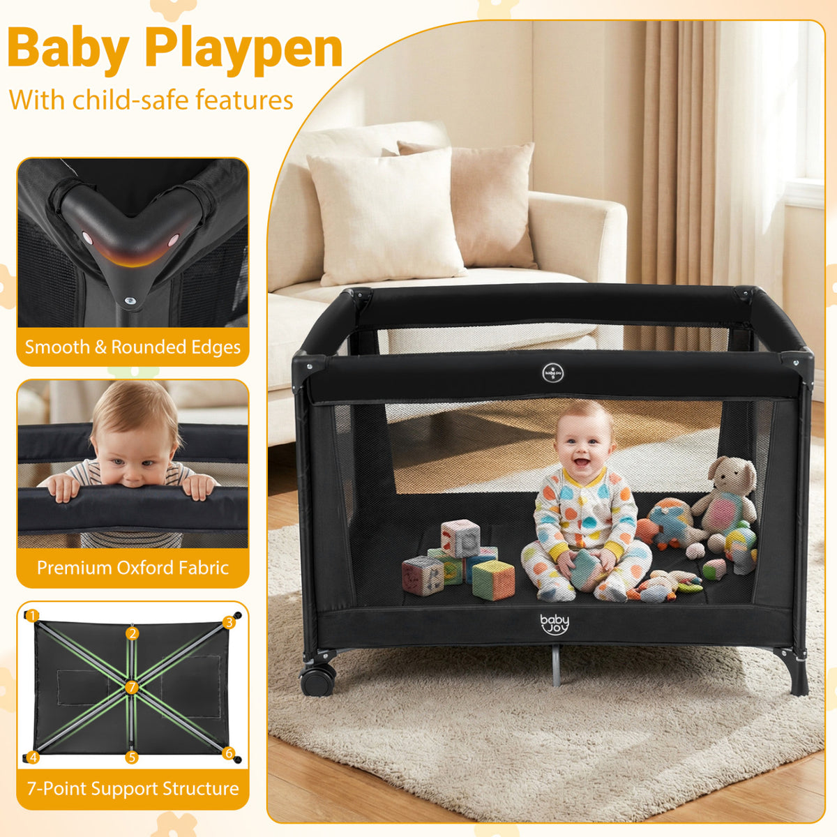 Portable Baby Playard Folding Travel Crib with Soft Mattress - Style 1 Black