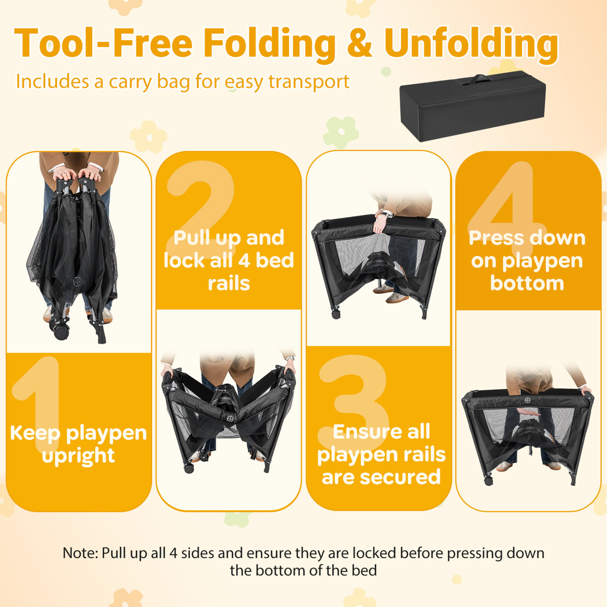 Portable Baby Playard Folding Travel Crib with Soft Mattress - Style 1 Black