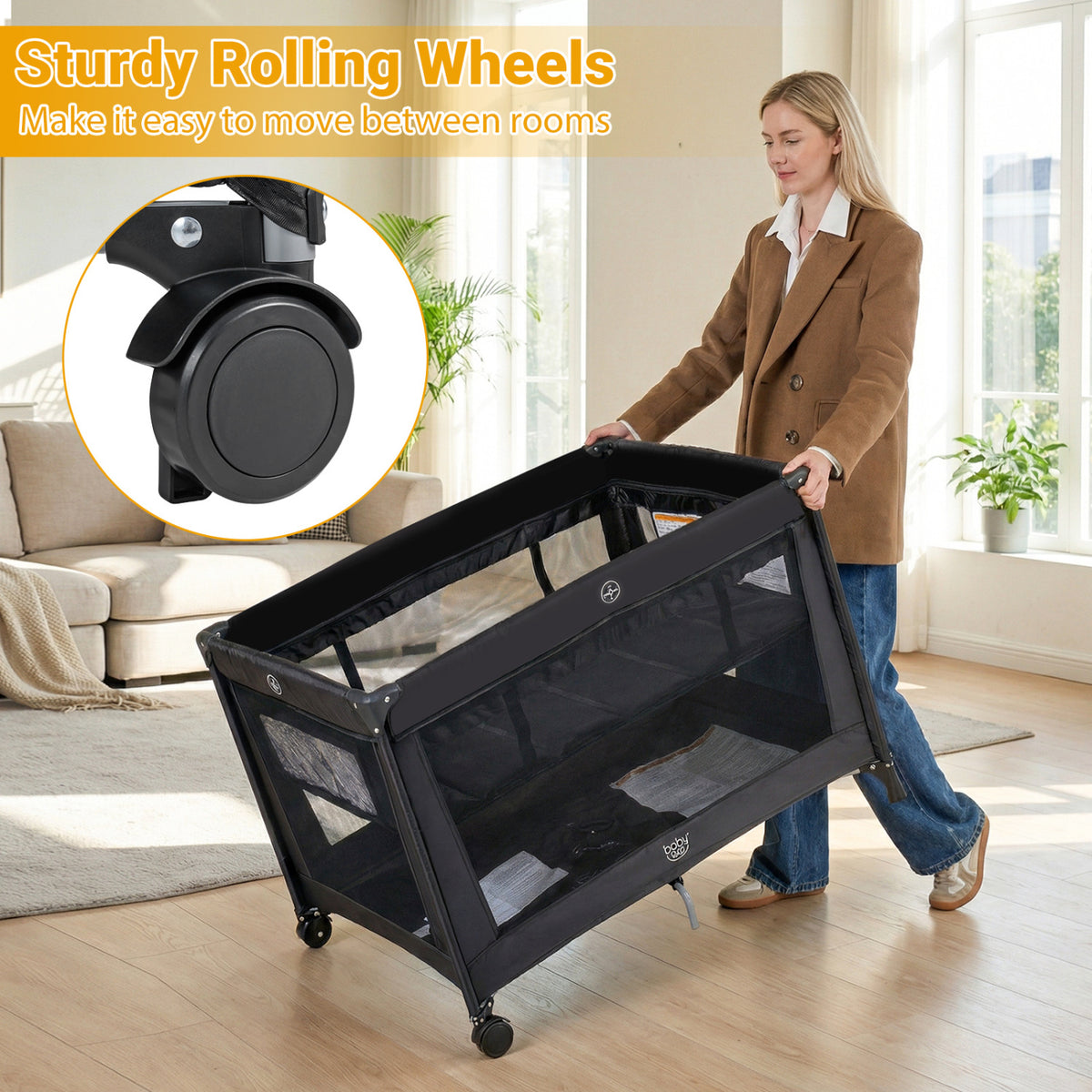 Portable Baby Playard Folding Travel Crib with Soft Mattress - Style 1 Black
