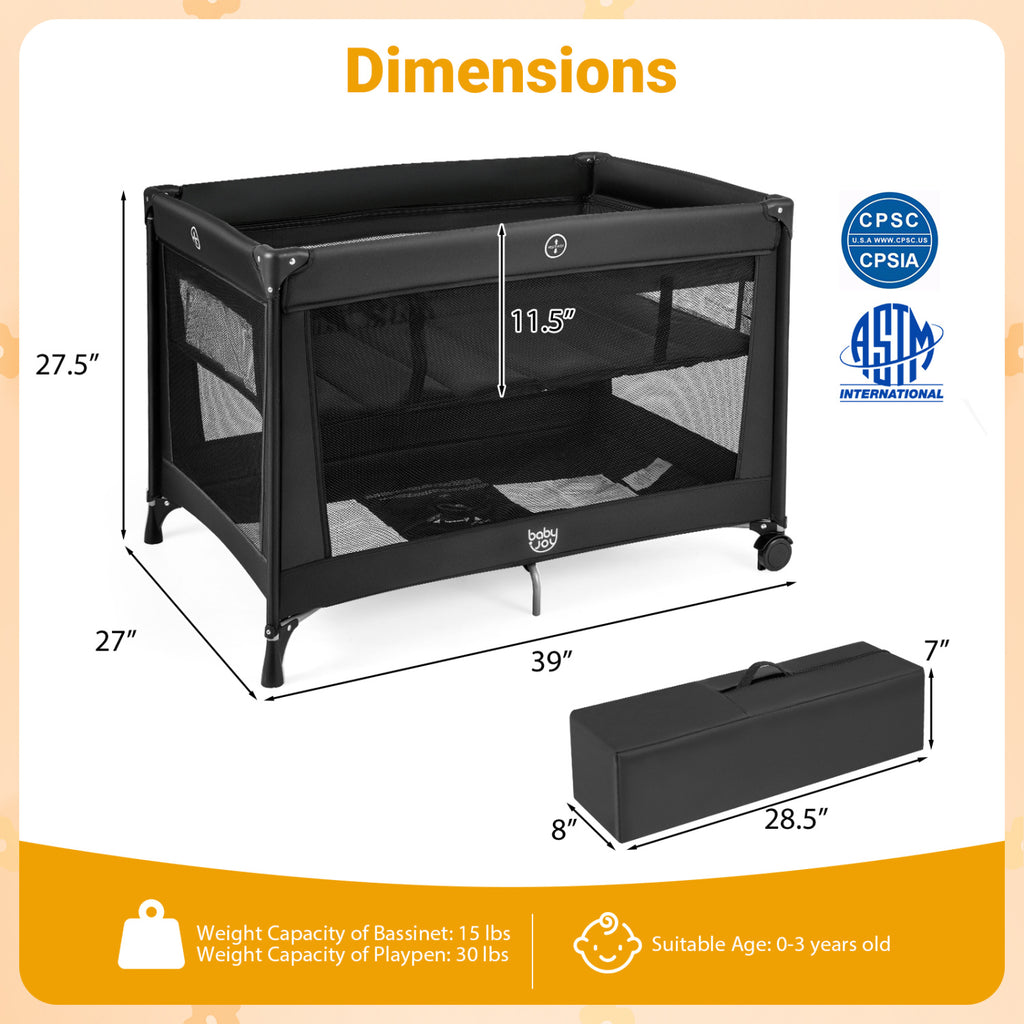 Portable Baby Playard Folding Travel Crib with Soft Mattress - Style 1 Black