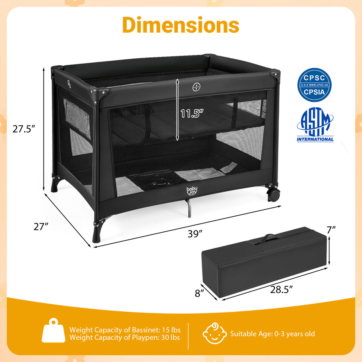 Portable Baby Playard Folding Travel Crib with Soft Mattress - Style 1 Black