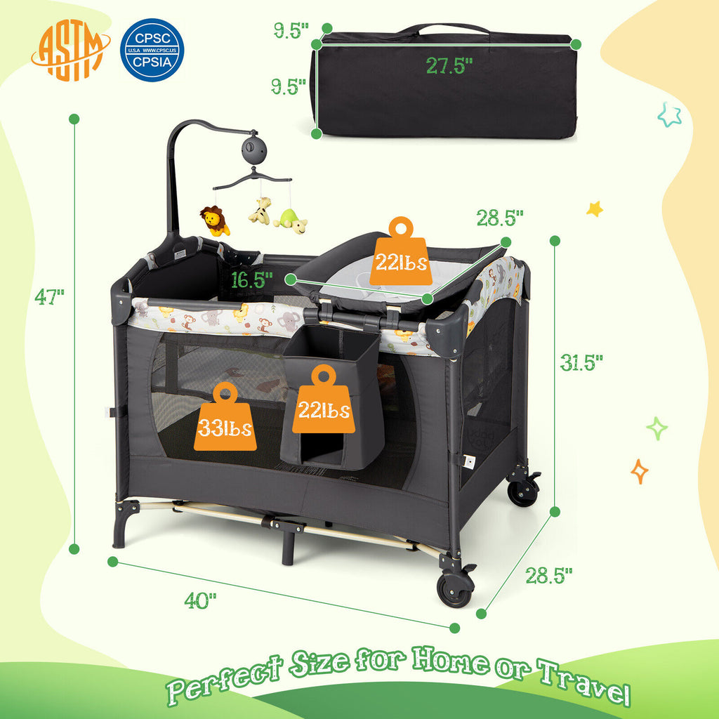 3-in-1 Portable Baby Playard with Music Box, Wheels & Brakes - Dark Gray Variation