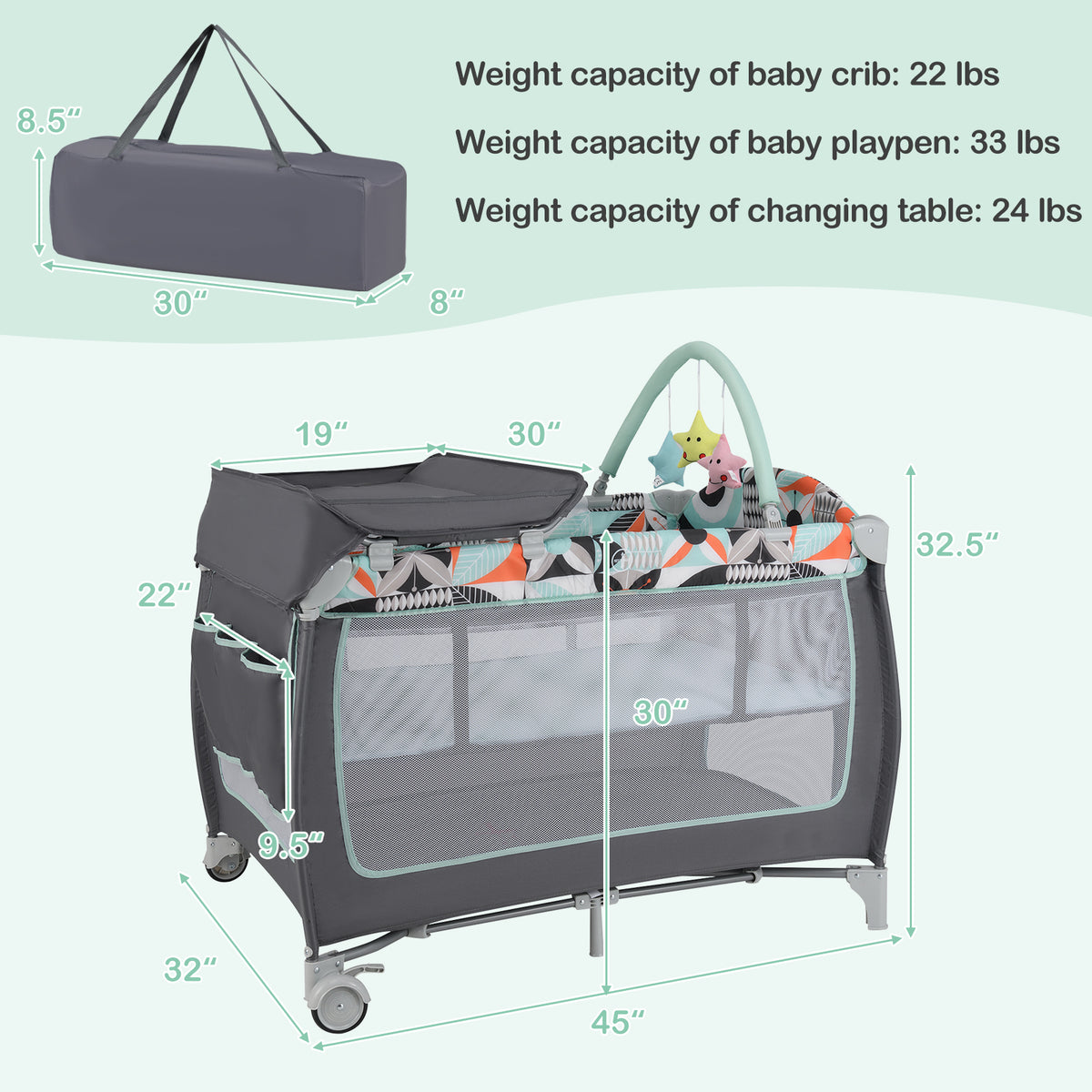 3-in-1 Portable Baby Playard with Zippered Door and Toy Bar - Blue Variation