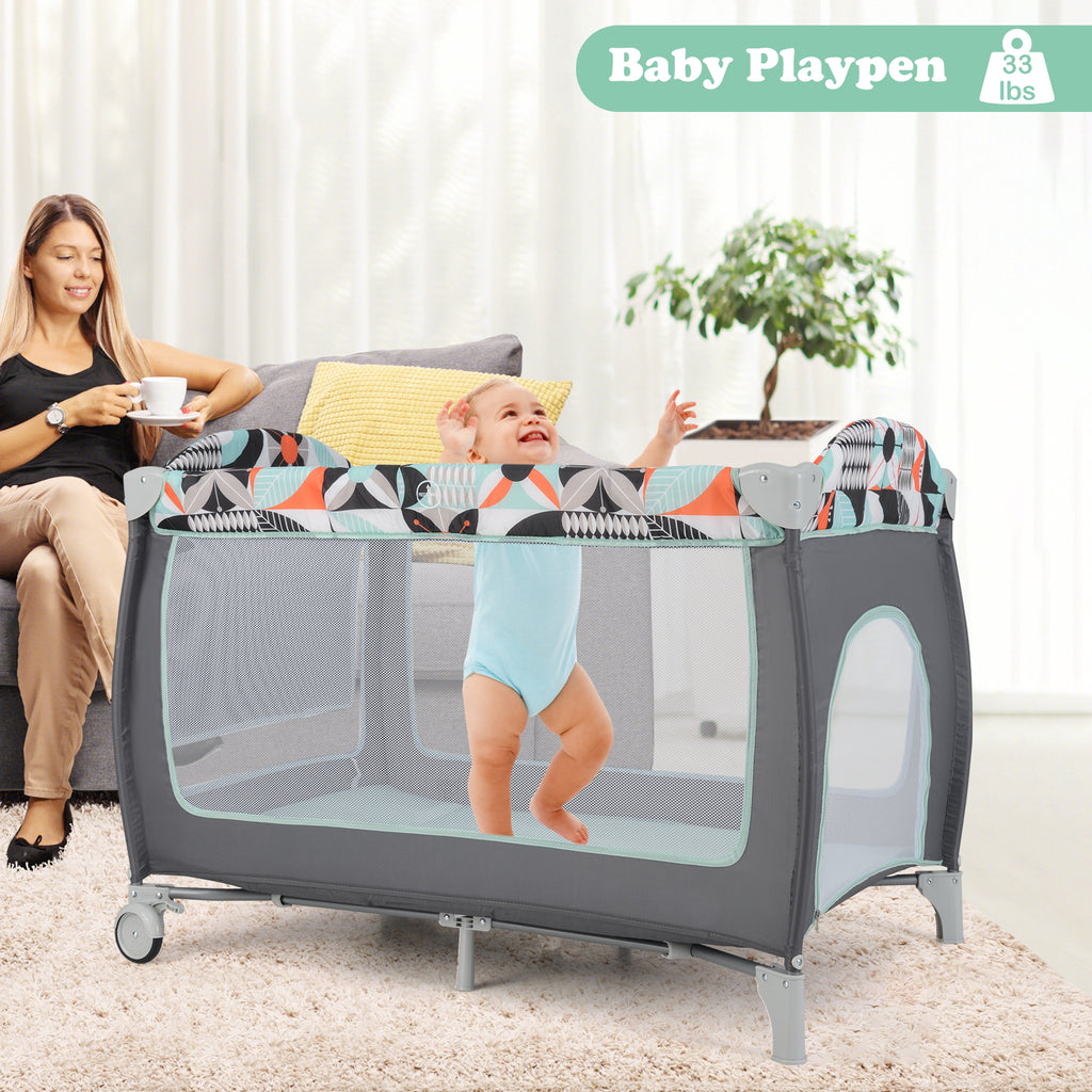 3-in-1 Portable Baby Playard with Zippered Door and Toy Bar - Blue Variation