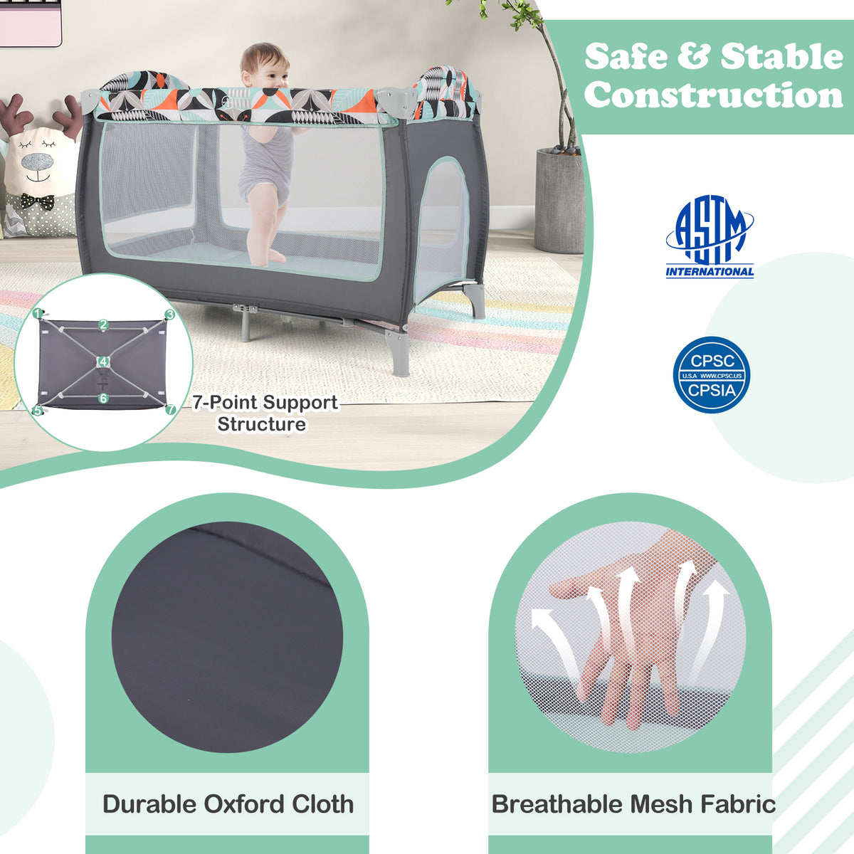 3-in-1 Portable Baby Playard with Zippered Door and Toy Bar - Blue Variation