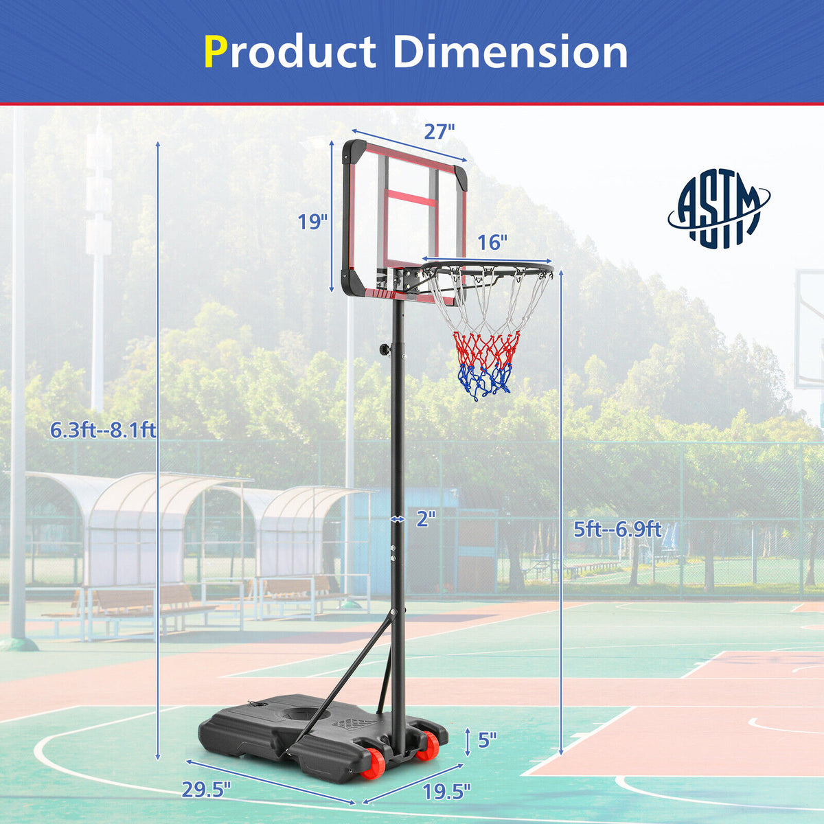 Adjustable Basketball Hoop Stand 5-6.8 Feet Height Portable Outdoor Sports Equipment