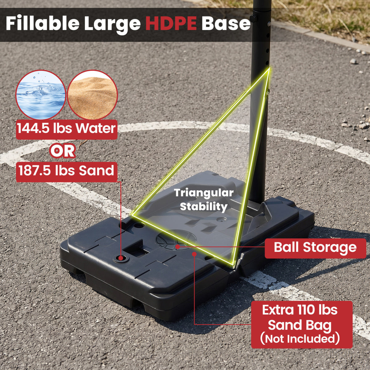 Portable Basketball Hoop with 4.43-10 Ft Adjustable Height and Fillable Base - Adult Edition