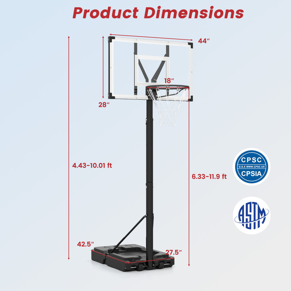 Portable Basketball Hoop with 4.43-10 Ft Adjustable Height and Fillable Base - Adult Edition