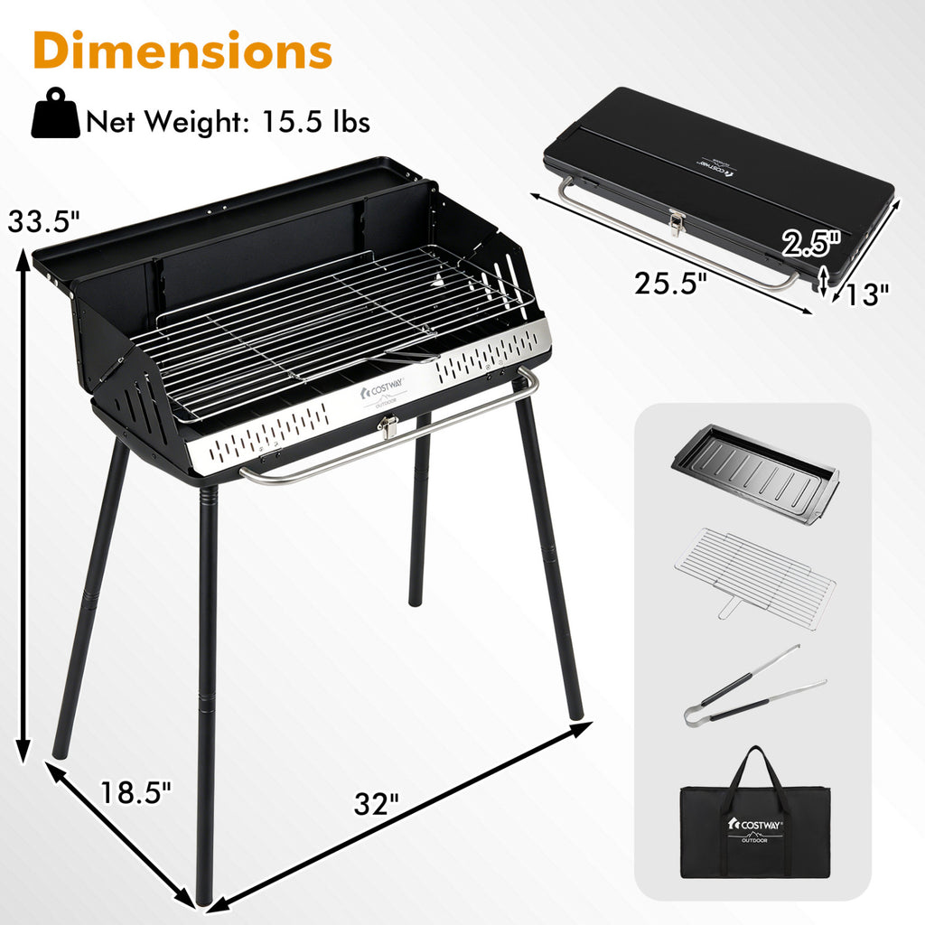 Portable Charcoal Grill with Detachable Legs Adjustable Grate and