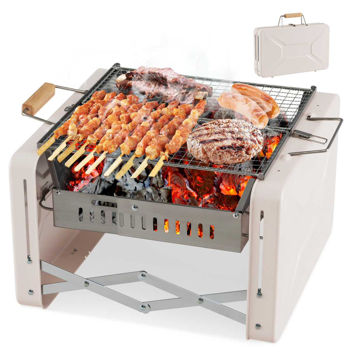 Folding Charcoal BBQ Grill with Dishwasher-safe Grids and Box