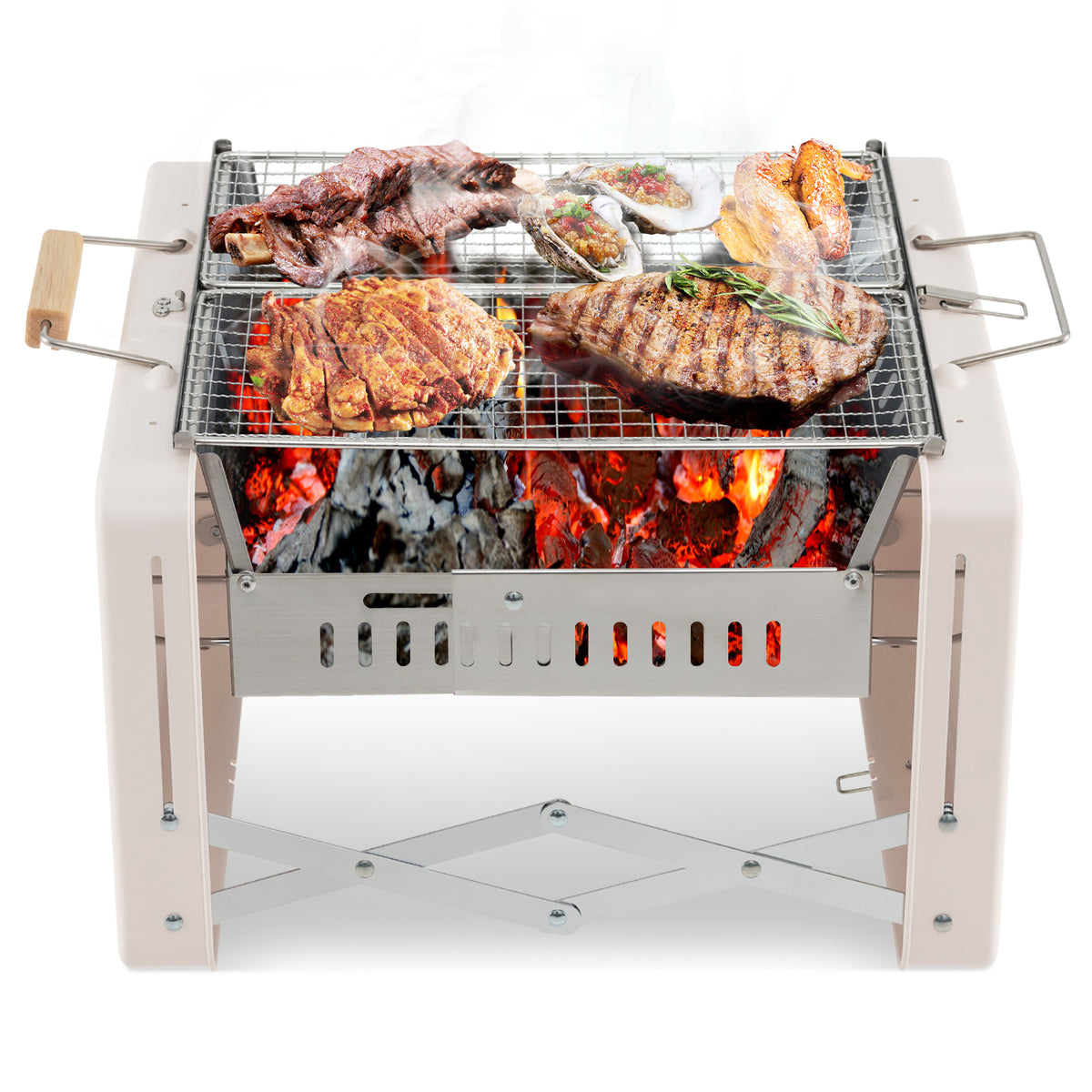 Folding Charcoal BBQ Grill with Dishwasher-safe Grids and Box