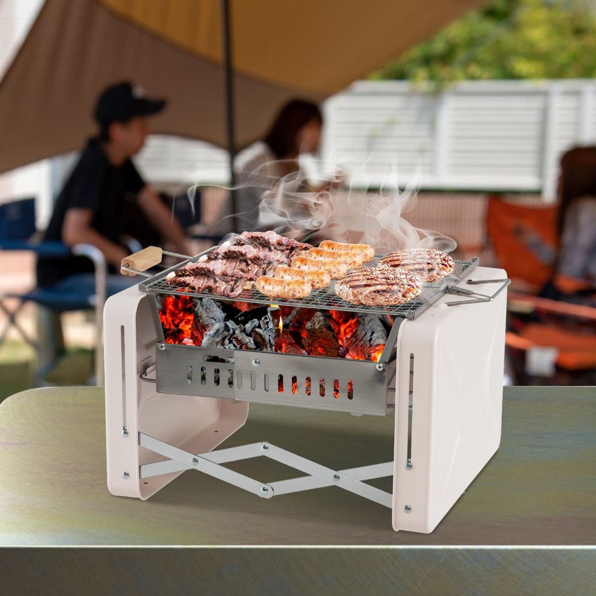 Folding Charcoal BBQ Grill with Dishwasher-safe Grids and Box