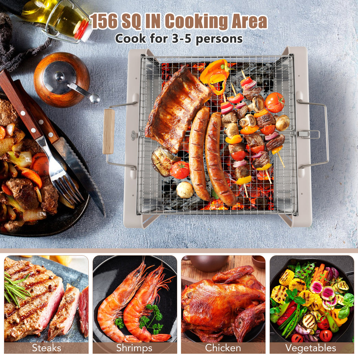 Folding Charcoal BBQ Grill with Dishwasher-safe Grids and Box