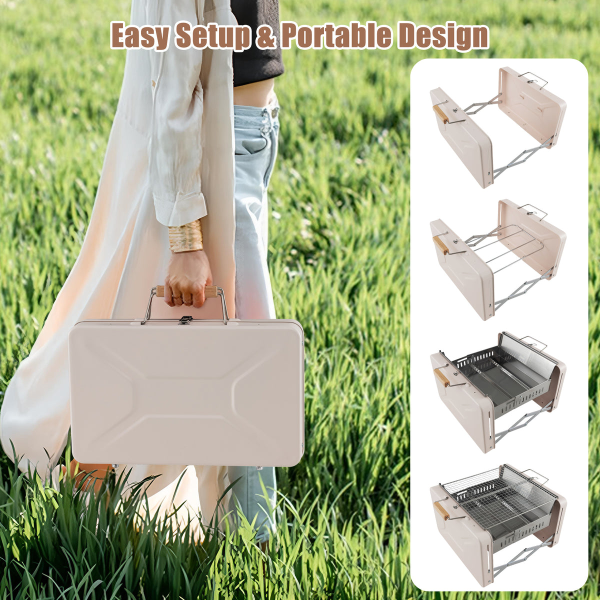Folding Charcoal BBQ Grill with Dishwasher-safe Grids and Box