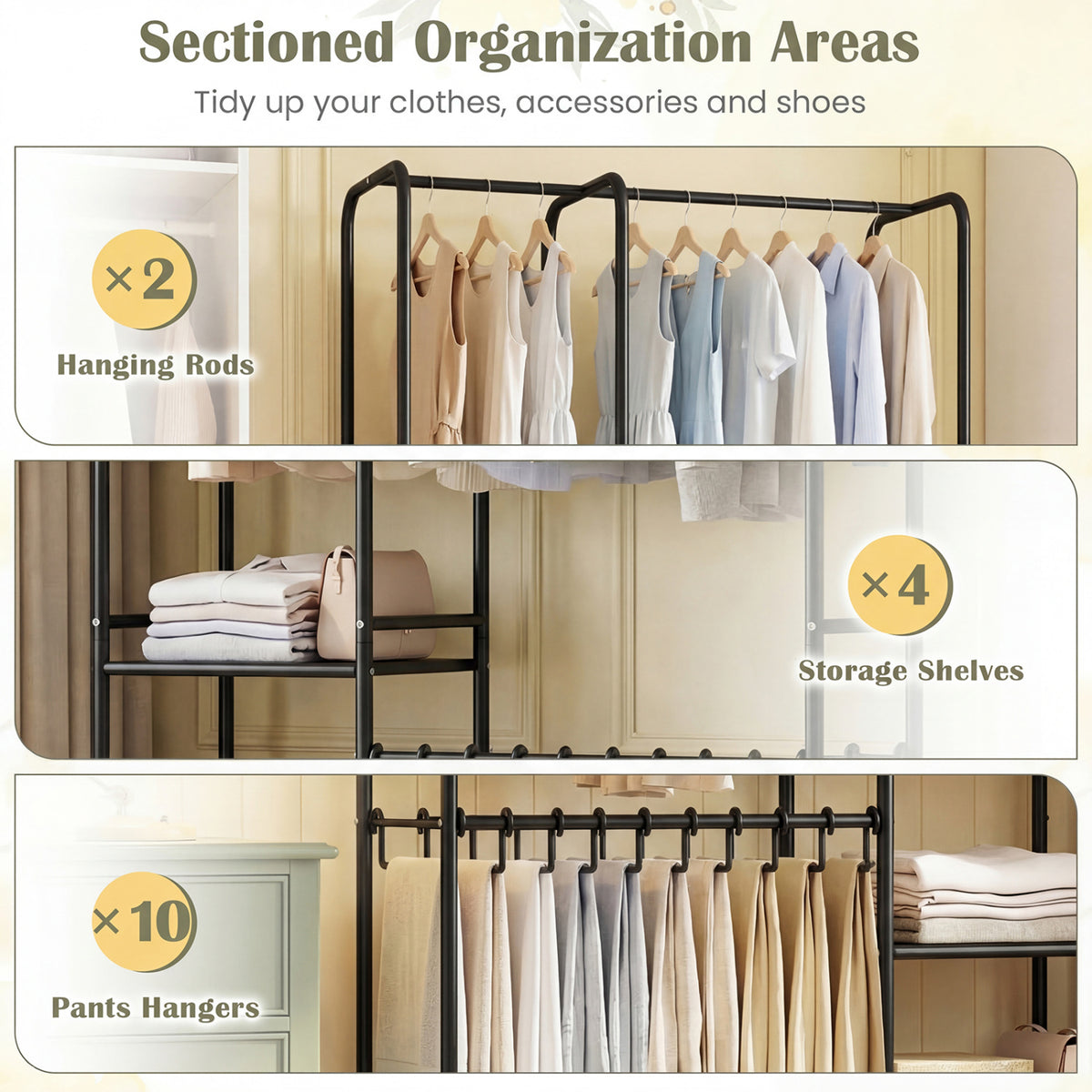 Portable Closet Organizer with 2 Hanging Rods & 4 Shelves - Black