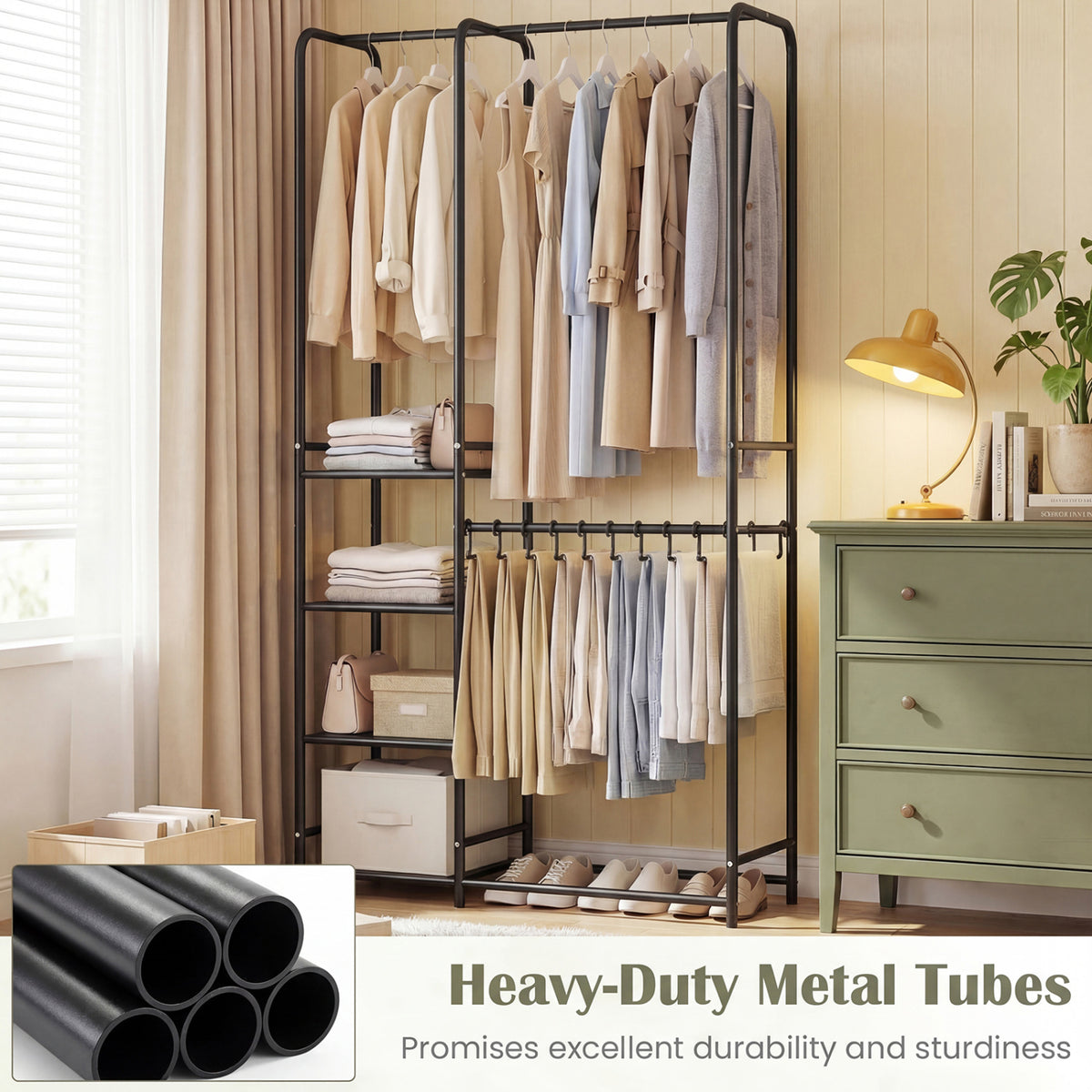 Portable Closet Organizer with 2 Hanging Rods & 4 Shelves - Black