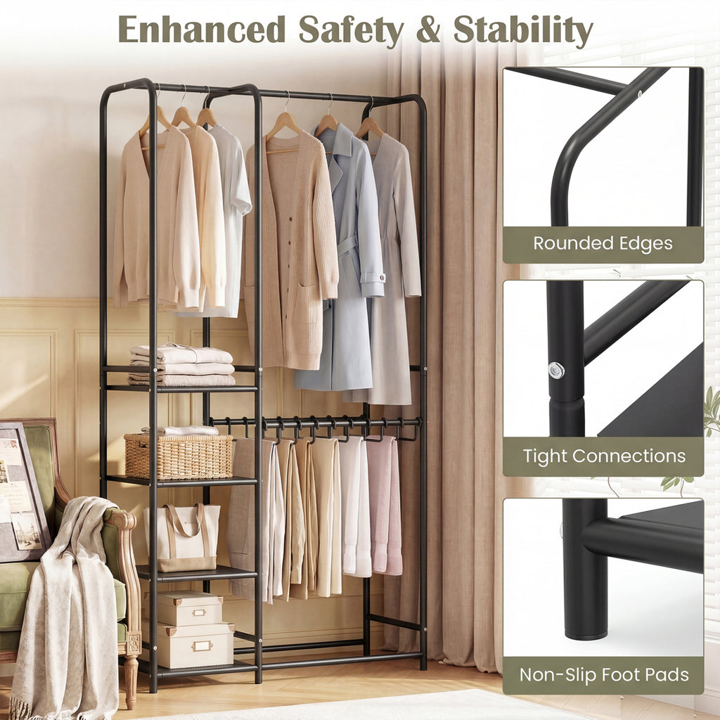 Portable Closet Organizer with 2 Hanging Rods & 4 Shelves - Black