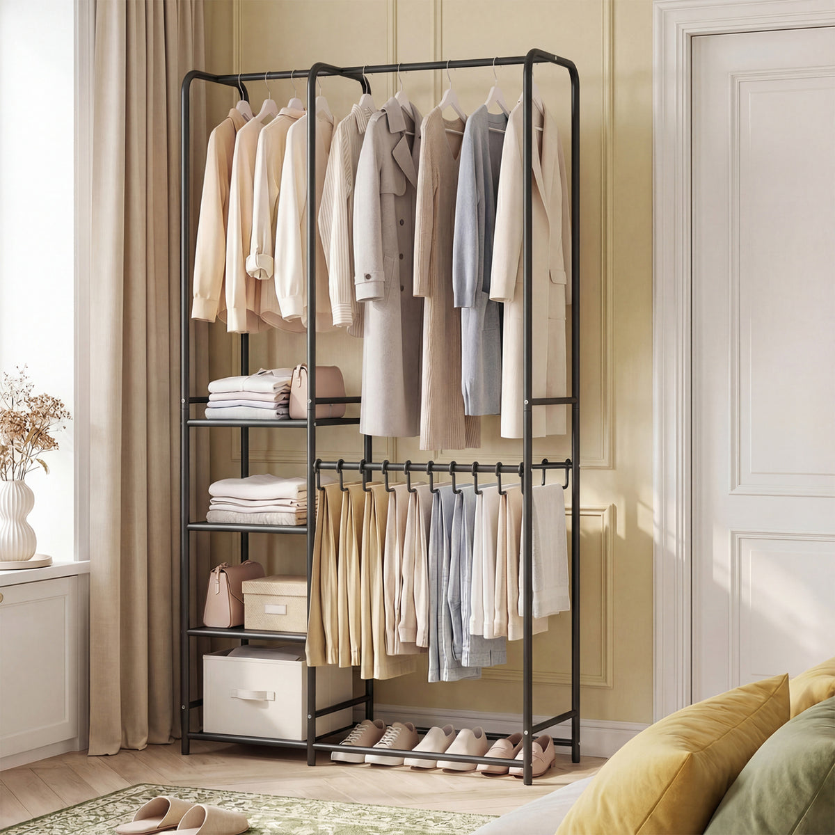 Portable Closet Organizer with 2 Hanging Rods & 4 Shelves - Black