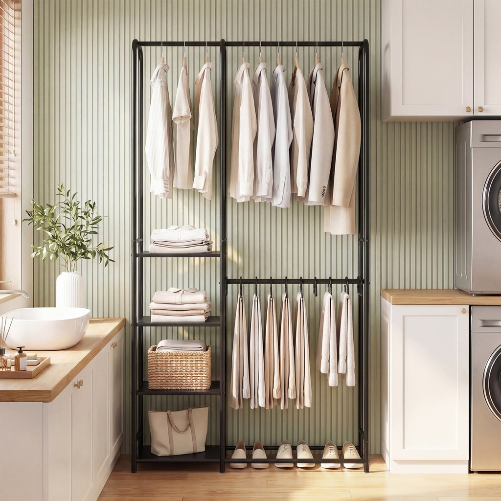 Portable Closet Organizer with 2 Hanging Rods & 4 Shelves - Black