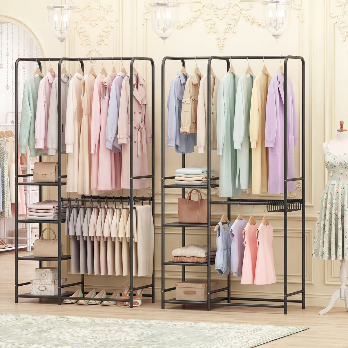 Portable Closet Organizer with 2 Hanging Rods & 4 Shelves - Black